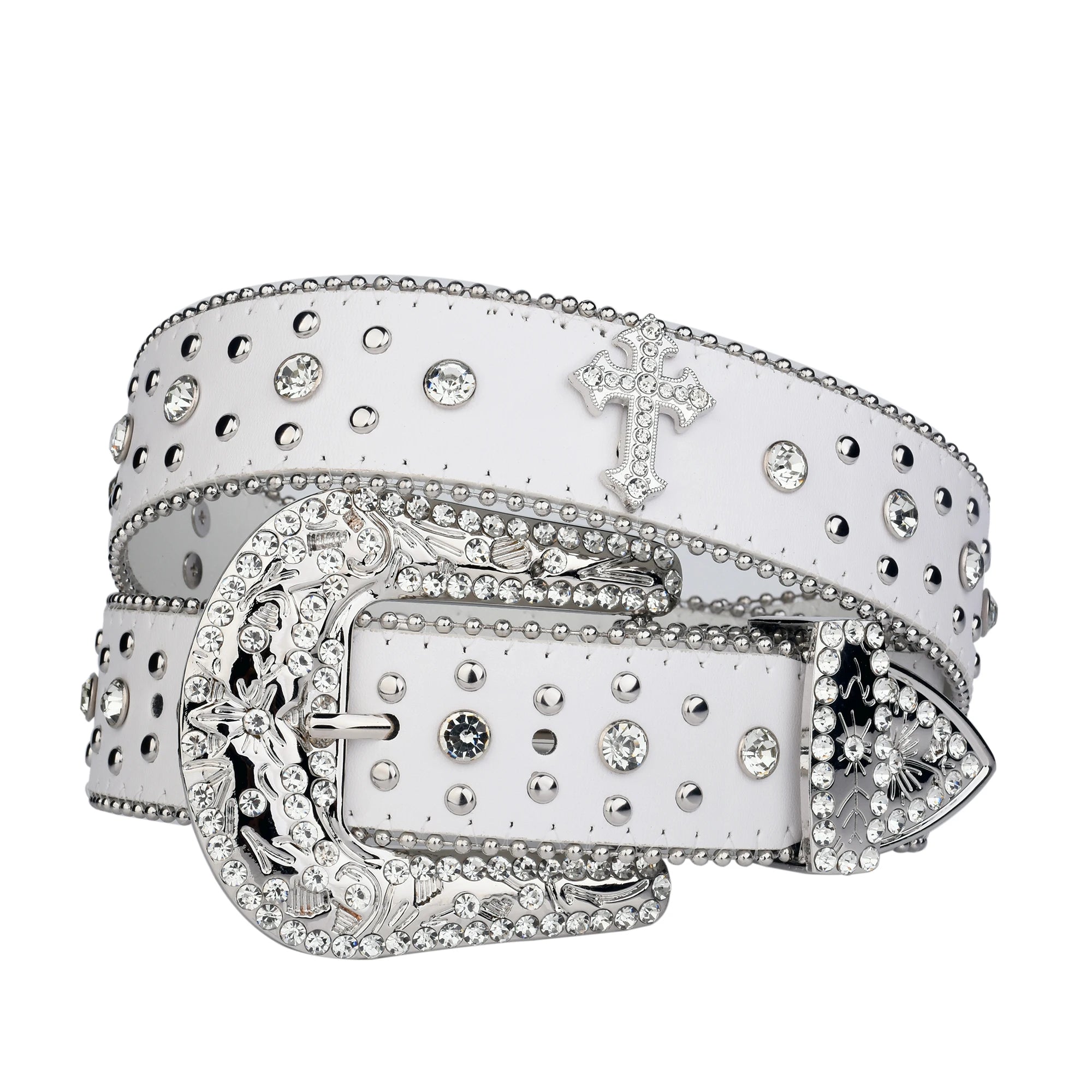 Cross Over Rhinestone BB White Belt - Above Earth