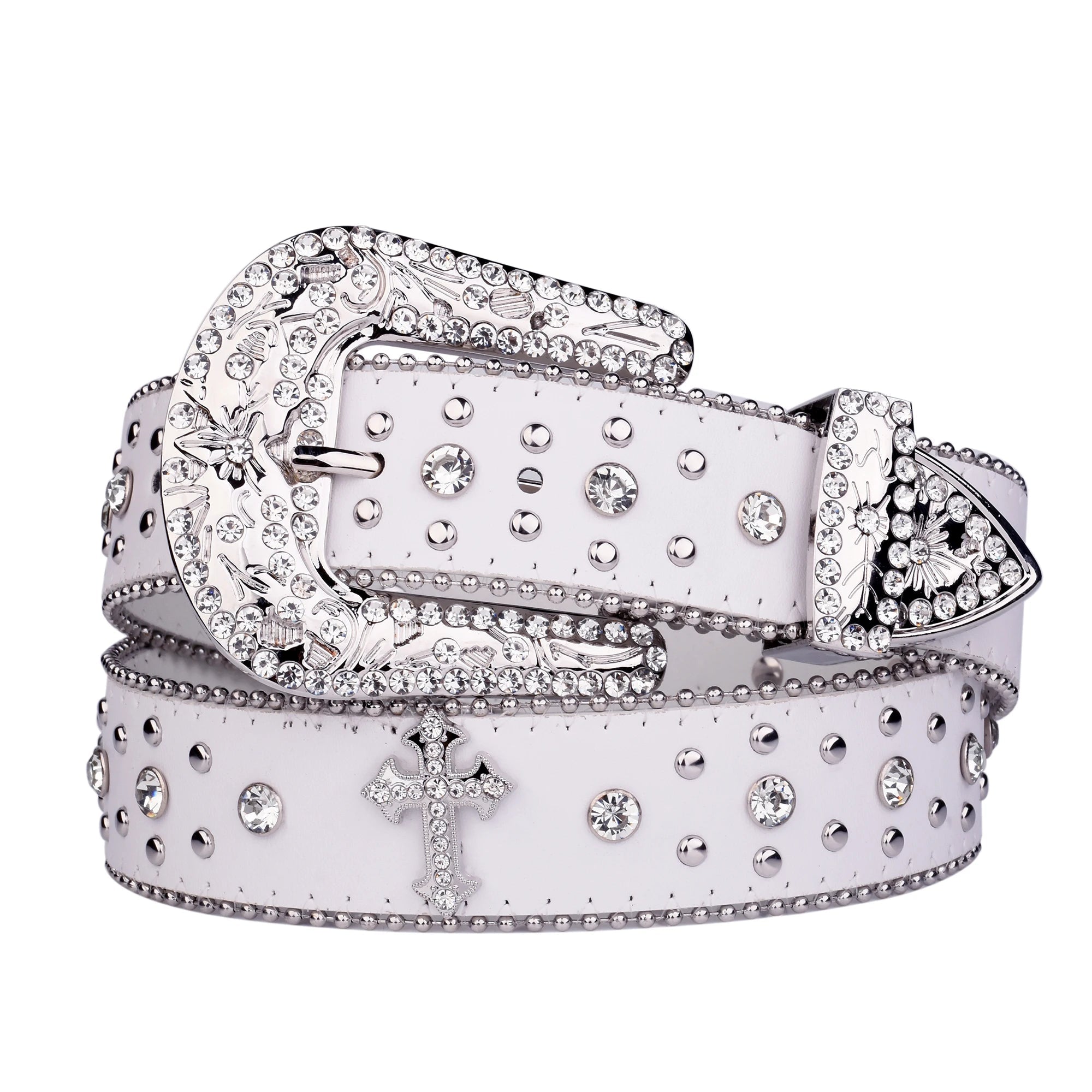 Cross Over Rhinestone BB White Belt - Above Earth