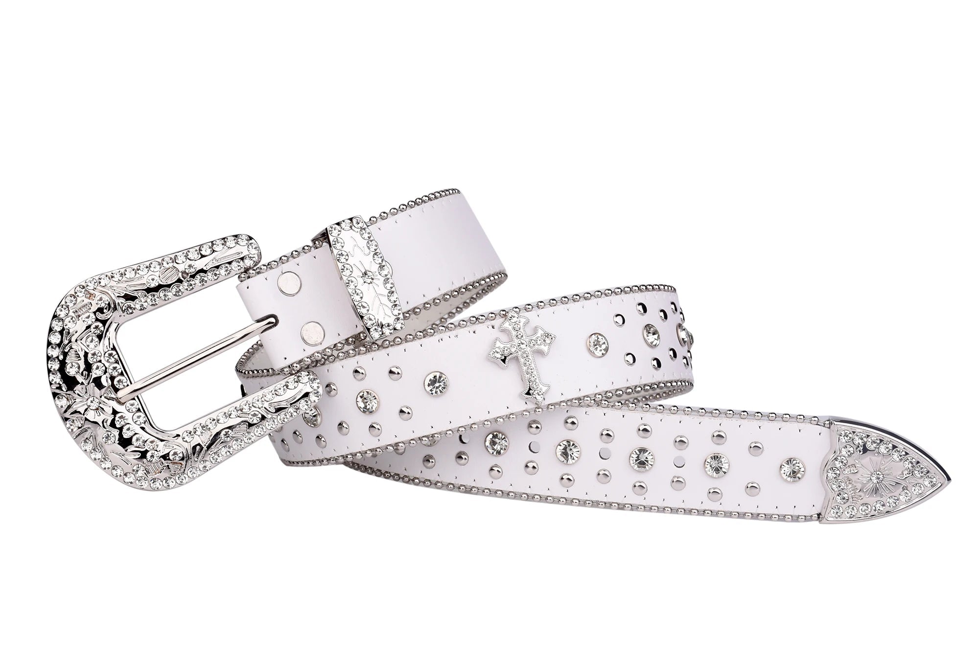 Cross Over Rhinestone BB White Belt - Above Earth