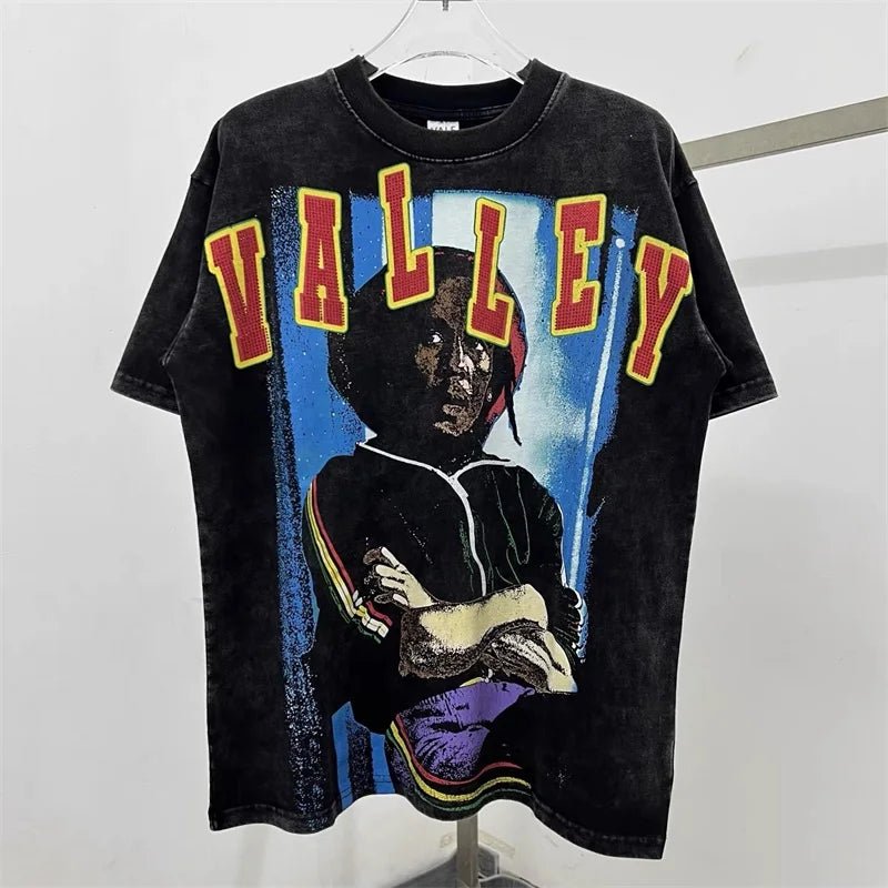 Hot Drill Letter VALLEY American Retro T-Shirts - Above Earth